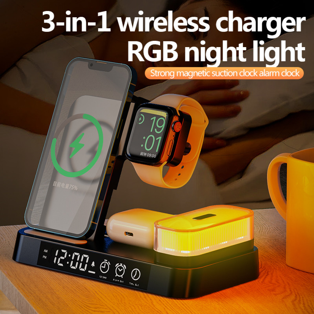 Док станция A37 5in1+Lamp/Alarm Clock 30W для Apple IPhone, iWatch, AirPods Черный