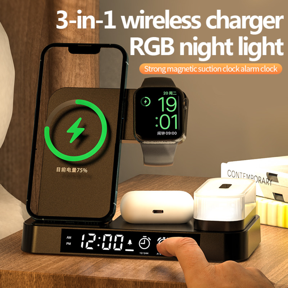 Док станция A37 5in1+Lamp/Alarm Clock 30W для Apple IPhone, iWatch, AirPods Черный