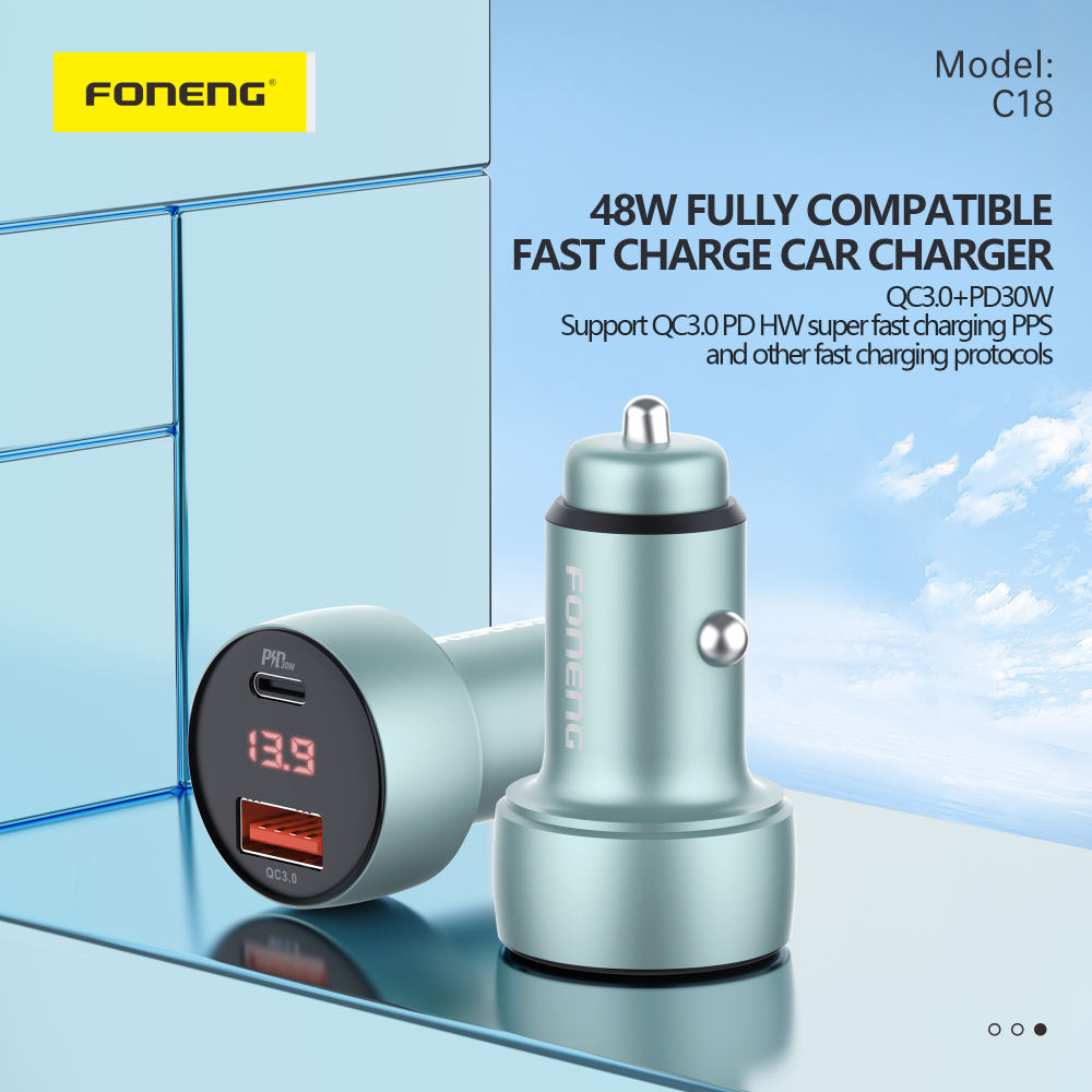 Автомобильное зарядное устройство FONENG aluminum C18 Dual-Port 48W Digital Display Type-C to Type-C