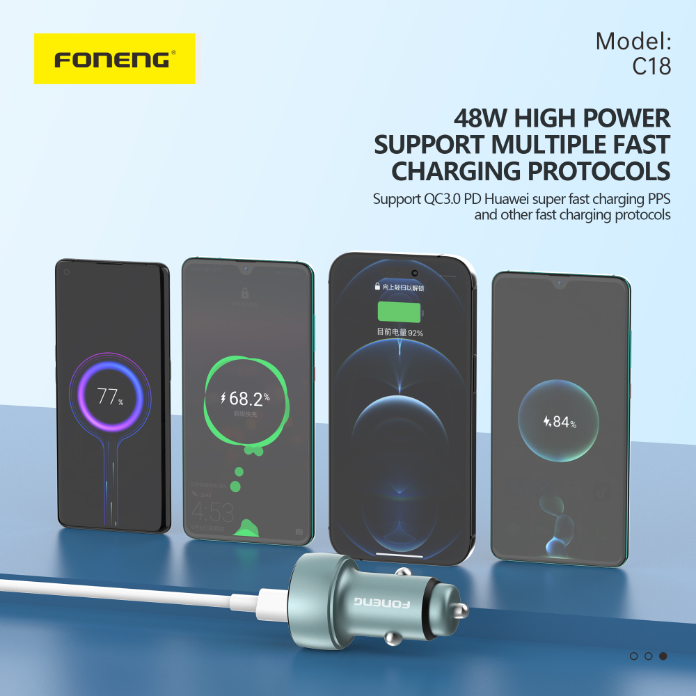 Автомобильное зарядное устройство FONENG aluminum C18 Dual-Port 48W Digital Display Type-C to Type-C