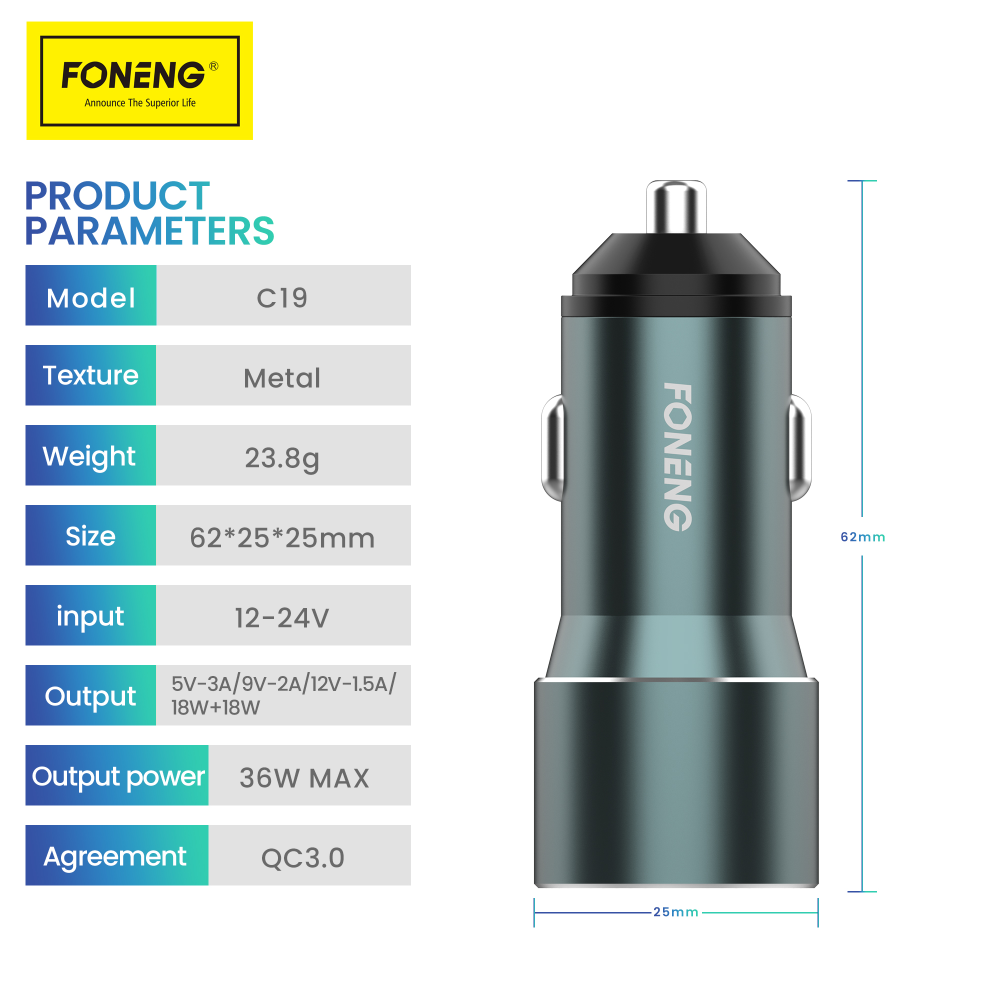 Автомобильное зарядное устройство FONENG C19 USB-A 2-Port Car Charger 36W