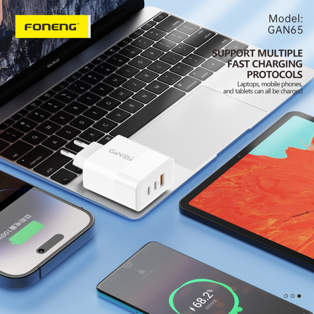 Сетевое зарядное устройство FONENG GAN 65W A+C+C 3-Port GaN Charger 65W с кабелем type C