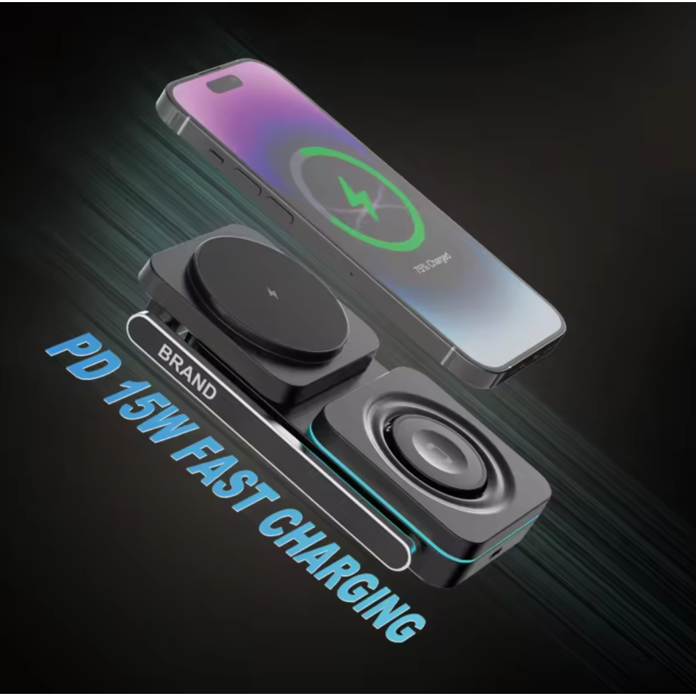 Складная станция беспроводной зарядки 3 в 1 Magsafe T6 25W для Apple iPhone 12-15, Apple Watch 2-9, Airpods Черная