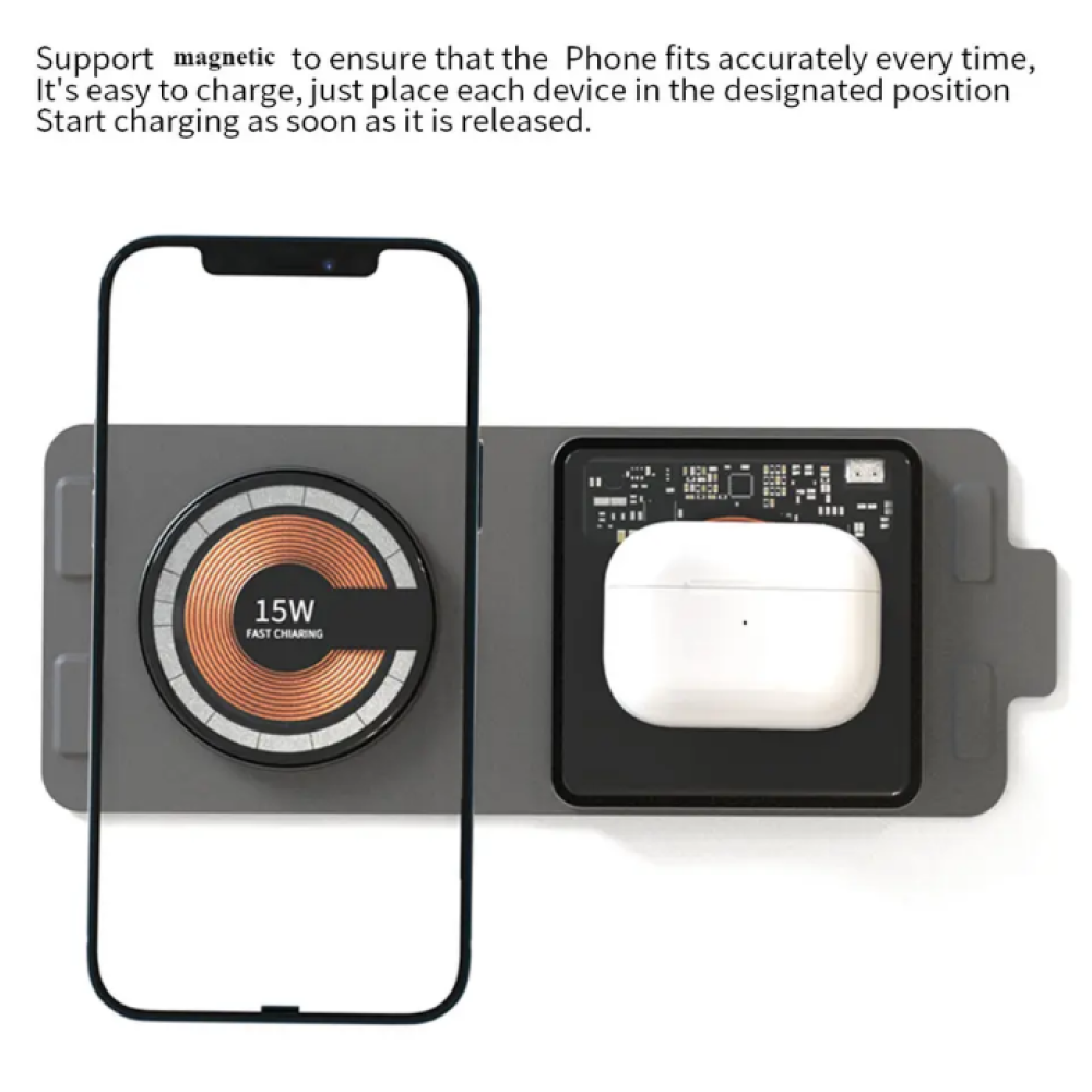Беспроводная Зарядная Станция Qinetiq 2 в 1 для iPhone и наушников Magsafe T02 15W