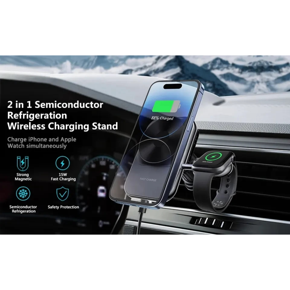 Автодержатель с беспроводной магнитной зарядкой 2в1 Magsafe S15 15W для iPhone 12/15/Watch 2/8 с охлаждением