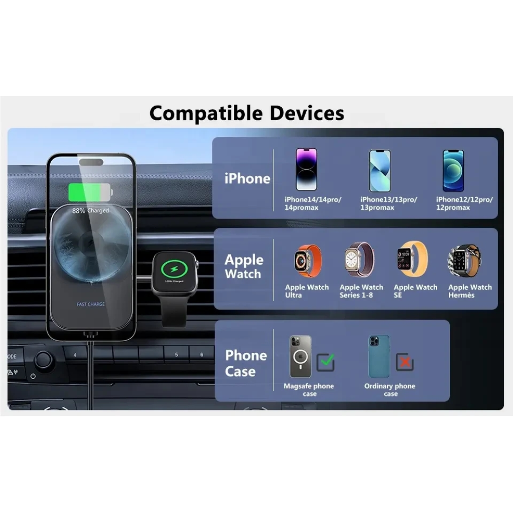 Автодержатель с беспроводной магнитной зарядкой 2в1 Magsafe S15 15W для iPhone 12/15/Watch 2/8 с охлаждением