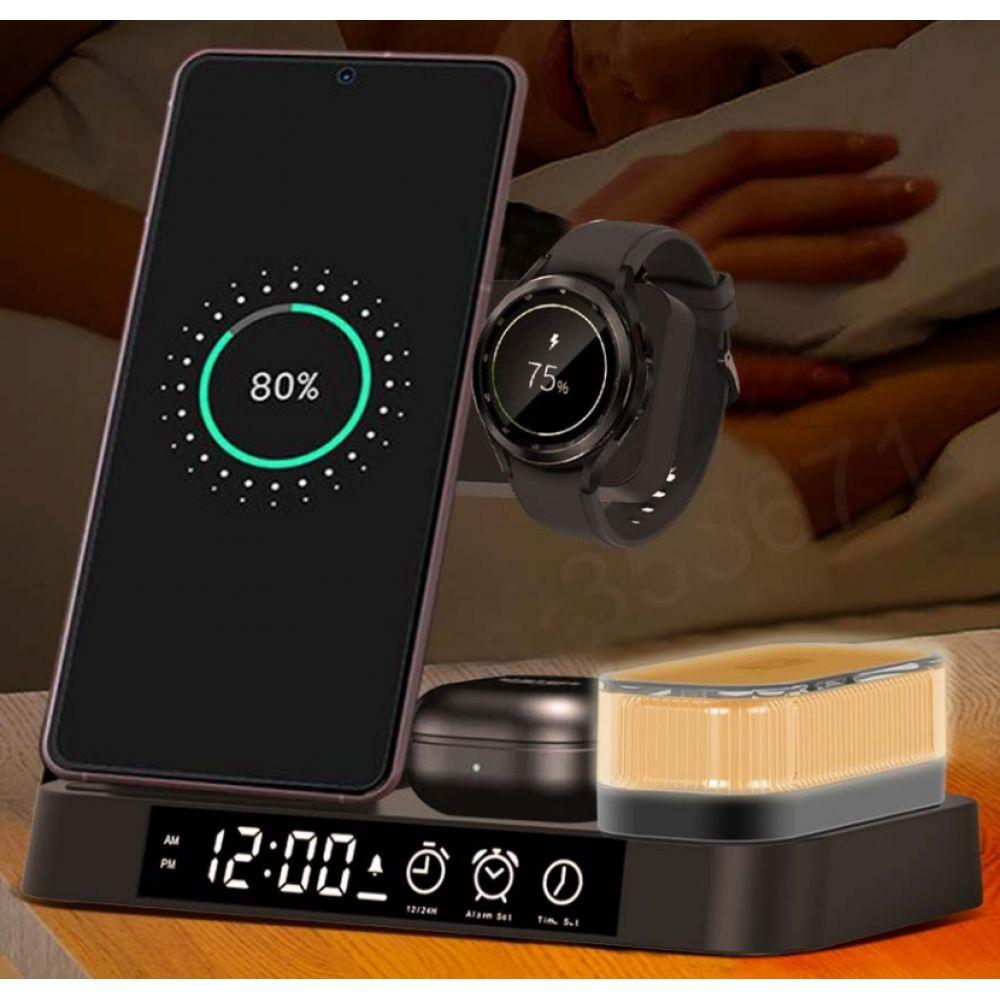 Беспроводная док станция 5 в 1 S37 30W для смартфонов Samsung/часов Galaxy Watch/Galaxy Buds с часами и светильником белая