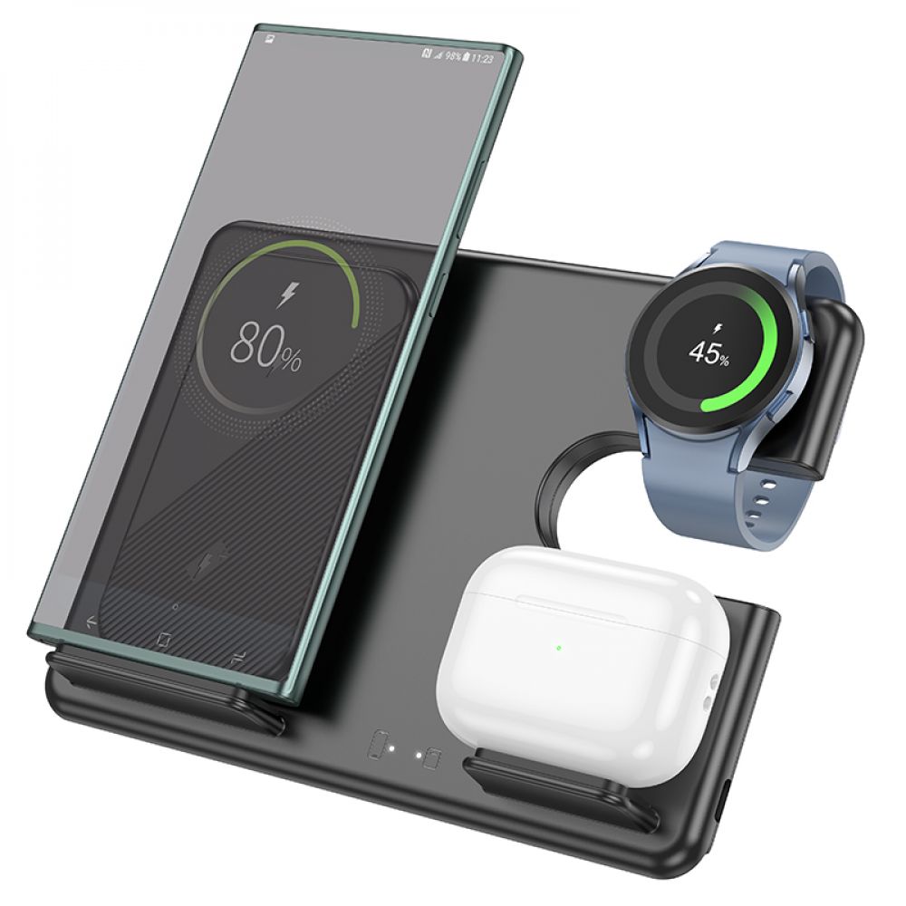 Док-станция беспроводной зарядки 3 в 1 Hoco Q2 15W для смартфона Самсунг, Galaxy Watch 3-5, Galaxy Buds Black