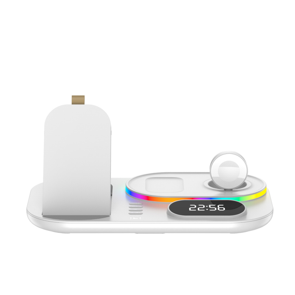 Док-станция с часами 3 in 1 QINETIQ S6 LED Clock RGB 30W для Samsung/GalaxyBuds/Galaxy Watch_1-6 series белая