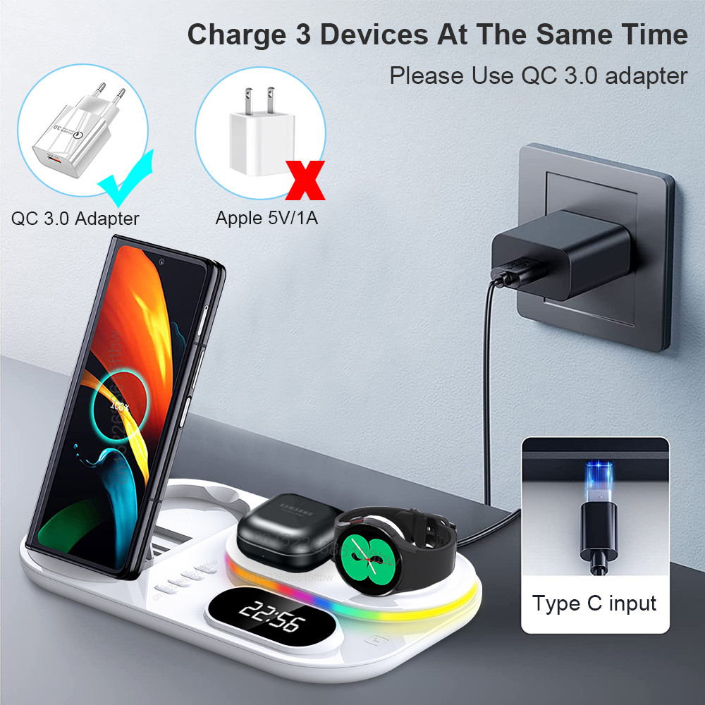 Док-станция с часами 3 in 1 QINETIQ S6 LED Clock RGB 30W для Samsung/GalaxyBuds/Galaxy Watch_1-6 series белая