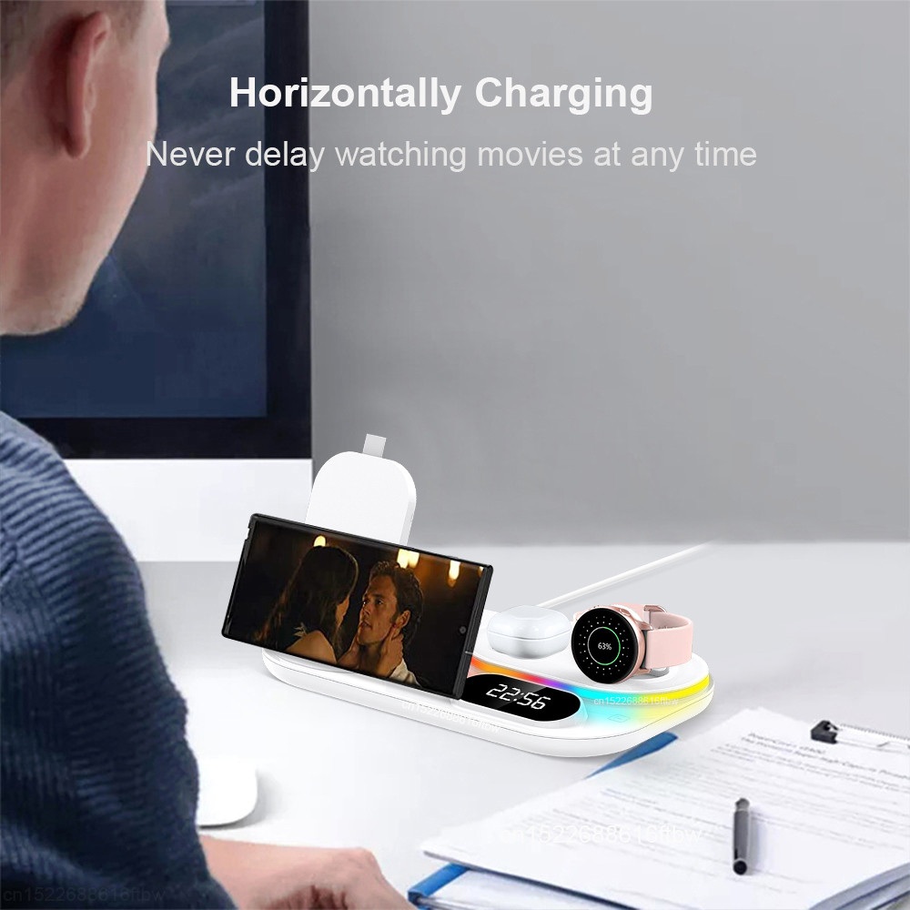 Док-станция с часами 3 in 1 QINETIQ S6 LED Clock RGB 30W для Samsung/GalaxyBuds/Galaxy Watch_1-6 series белая
