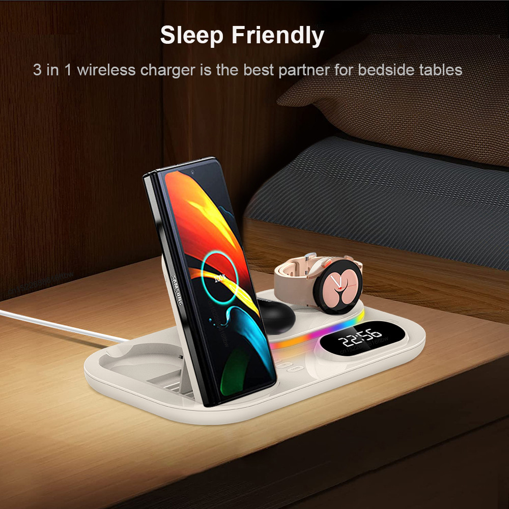 Док-станция с часами 3 in 1 QINETIQ S6 LED Clock RGB 30W для Samsung/GalaxyBuds/Galaxy Watch_1-6 series белая