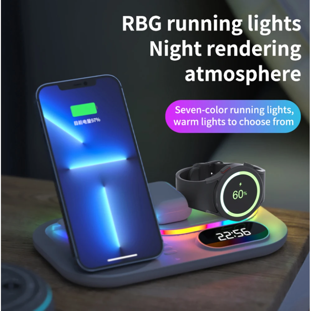 Док-станция с часами 3 in 1 QINETIQ S6 LED Clock RGB 30W для Samsung/GalaxyBuds/Galaxy Watch_1-6 series черная