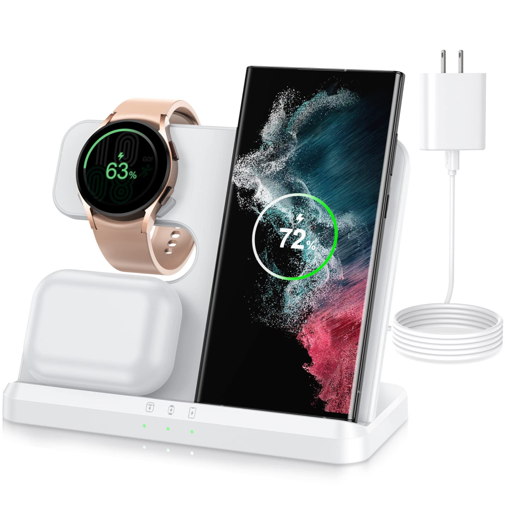 Док-станция беспроводной зарядки 3 в 1 Q10 15W для смартфона Самсунг, Galaxy Watch 3-5, Galaxy Buds White