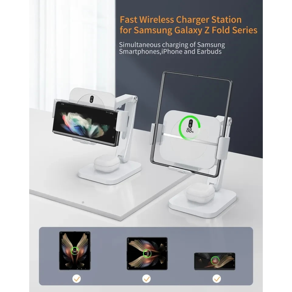 Настольная беспроводная зарядка, подставка 2 в 1 PSE 30W для Samsung Z Fold 2-4, Flip, iPhone, AirPods