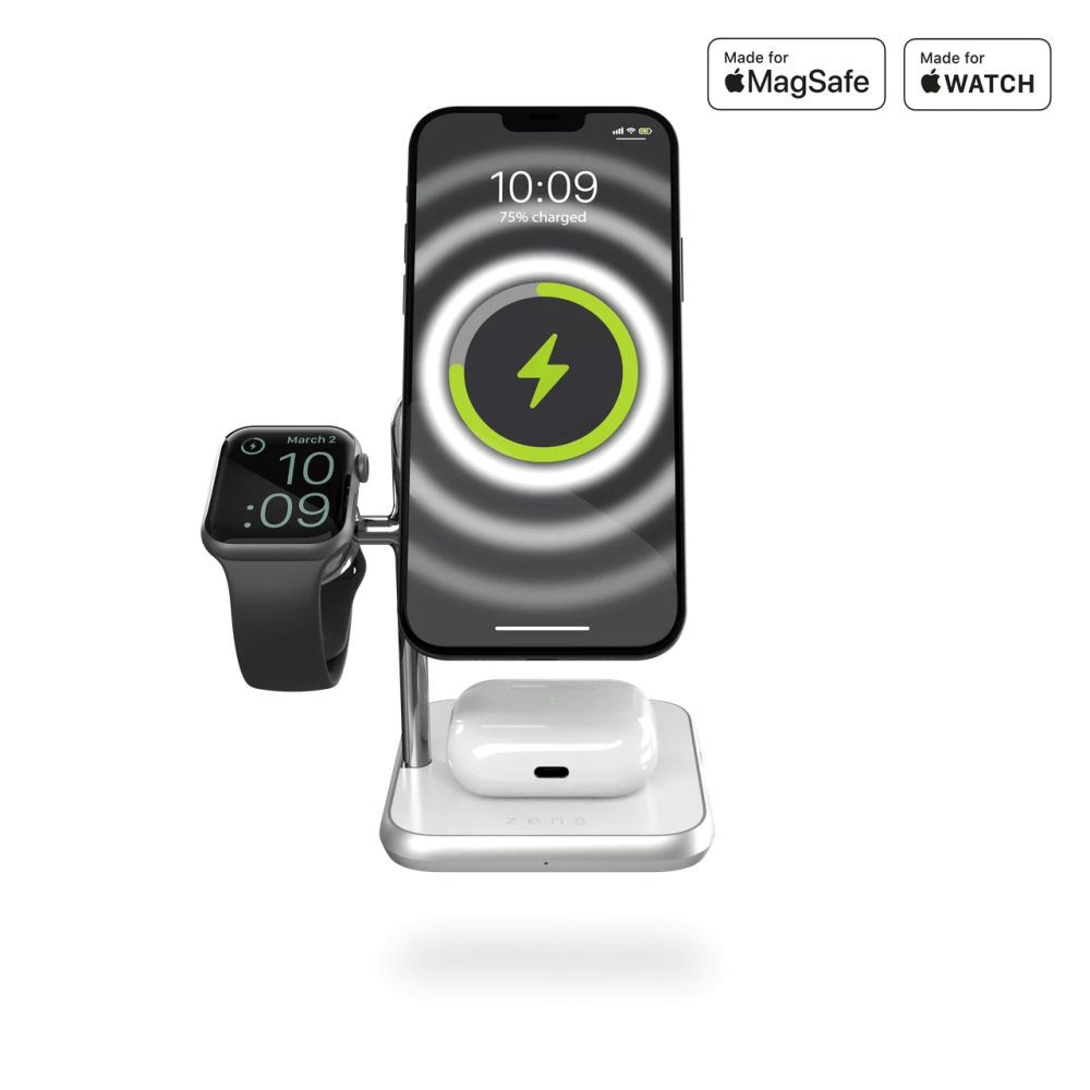 Беспроводная зарядная док-станция магнитная 4в1 для Apple iPhone/iWatch/AirPods Zens White