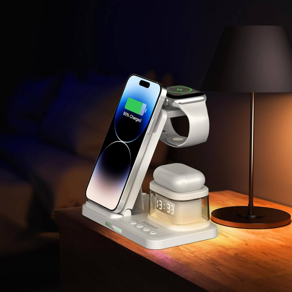 Складная док станция 3 в 1 QN-H33 23W с часами и подсветкой для Apple iPhone/AirPods/iWatch_1-9 series белая