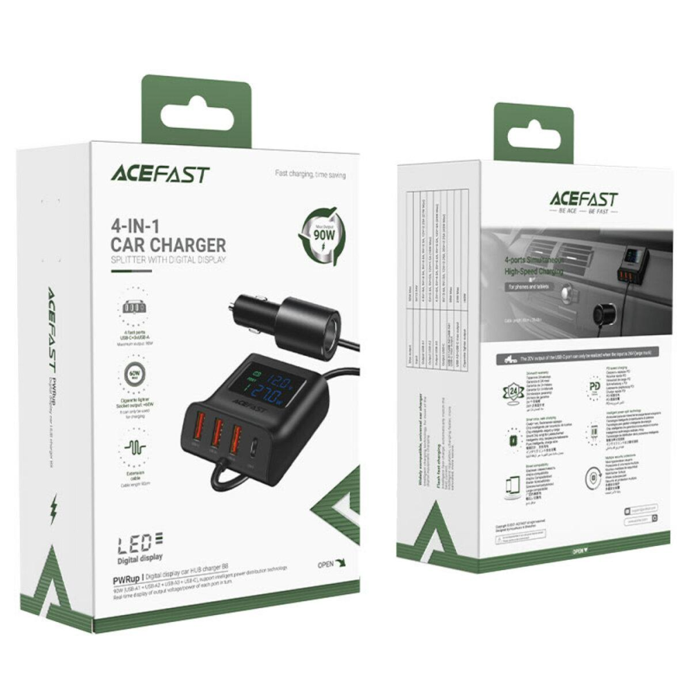 Автомобильное зараядное устройство в прикуриватель ACEFAST B8 digital display car HUB charger
