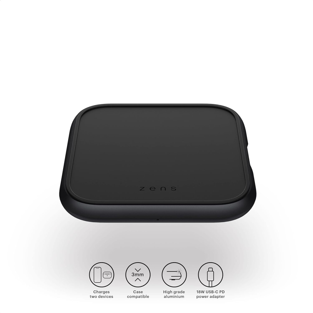 Стационарная беспроводная зарядка для смартфонов Apple Zens Single Aluminium Wireless Charger Black 18W USB-C