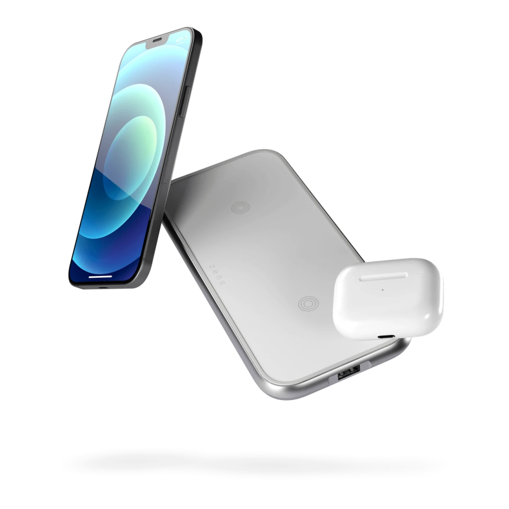 Cтанция беспроводной зарядки 2 в 1 для техники Apple iPhone/AirPods Zens Dual Aluminium White 30W USB-C PD