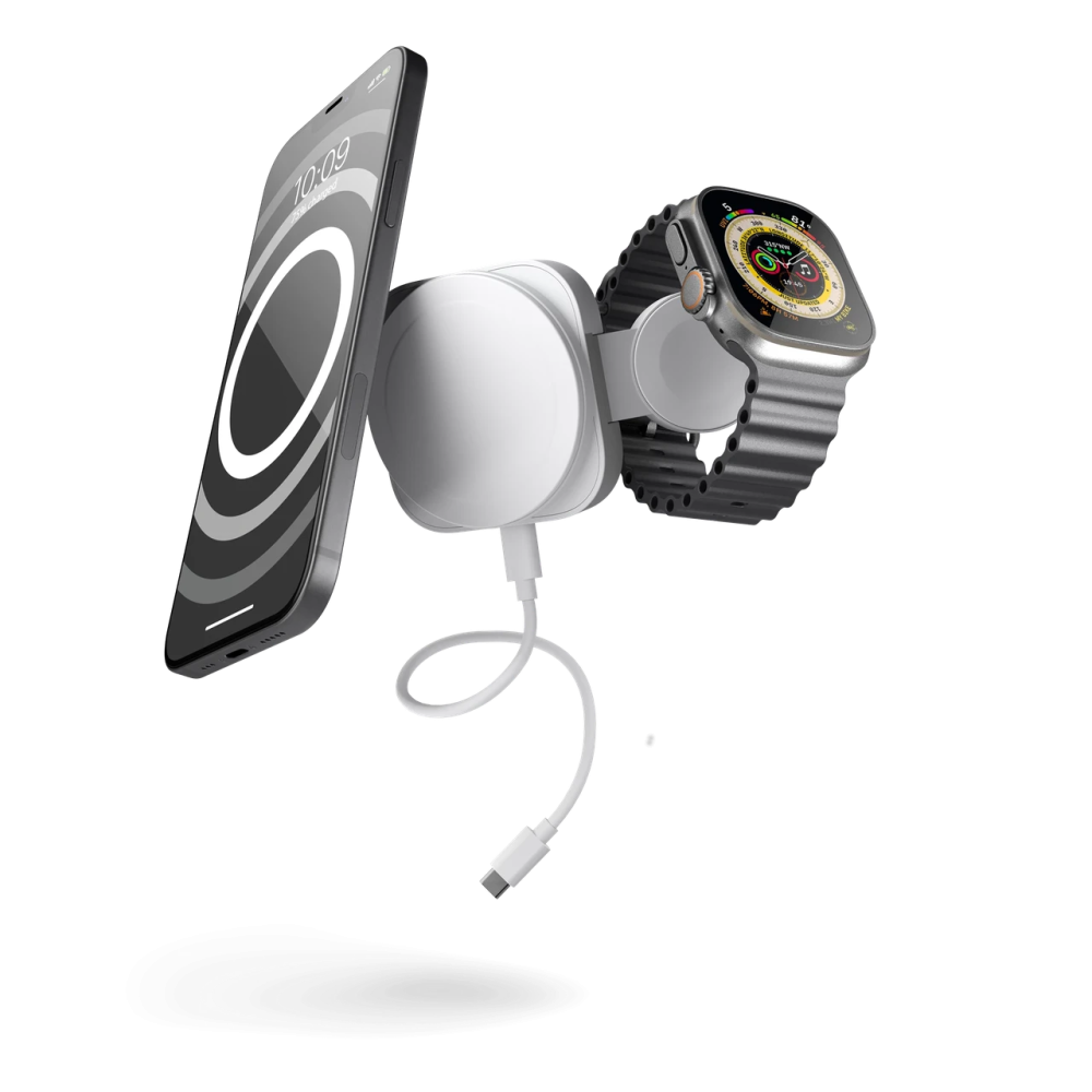 Беспроводная зарядная док-станция 2в1 для техники Apple iPhone/iWatch Zens White