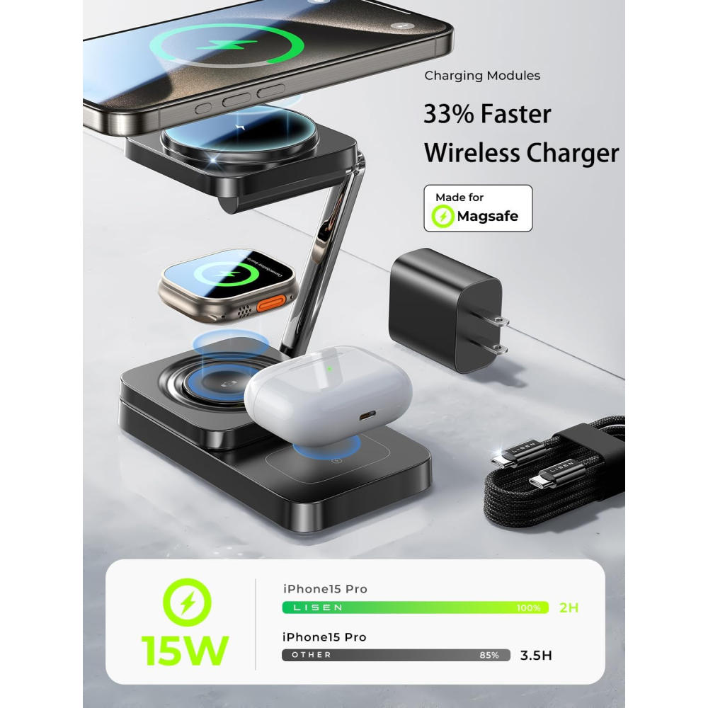 Складная станция беспроводной зарядки 3 в 1 Magsafe T6 25W для Apple iPhone 12-15, Apple Watch 2-9, Airpods Черная