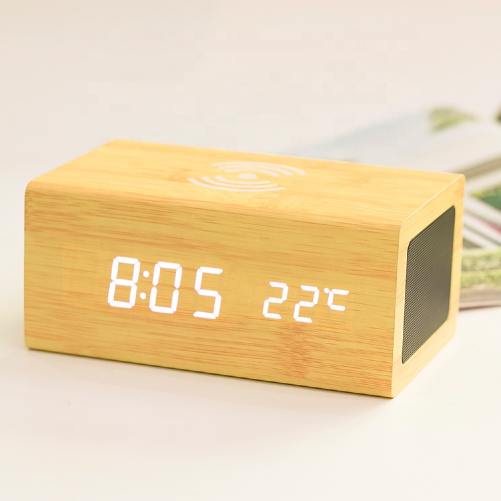 Деревянная беспроводная зарядка с Bluetooth-колонкой и часами Wood QINETIQ 10W