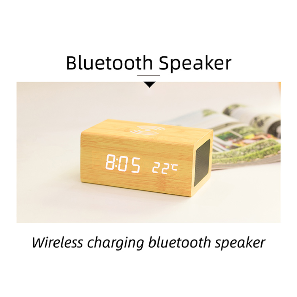 Деревянная беспроводная зарядка с Bluetooth-колонкой и часами Wood QINETIQ 10W