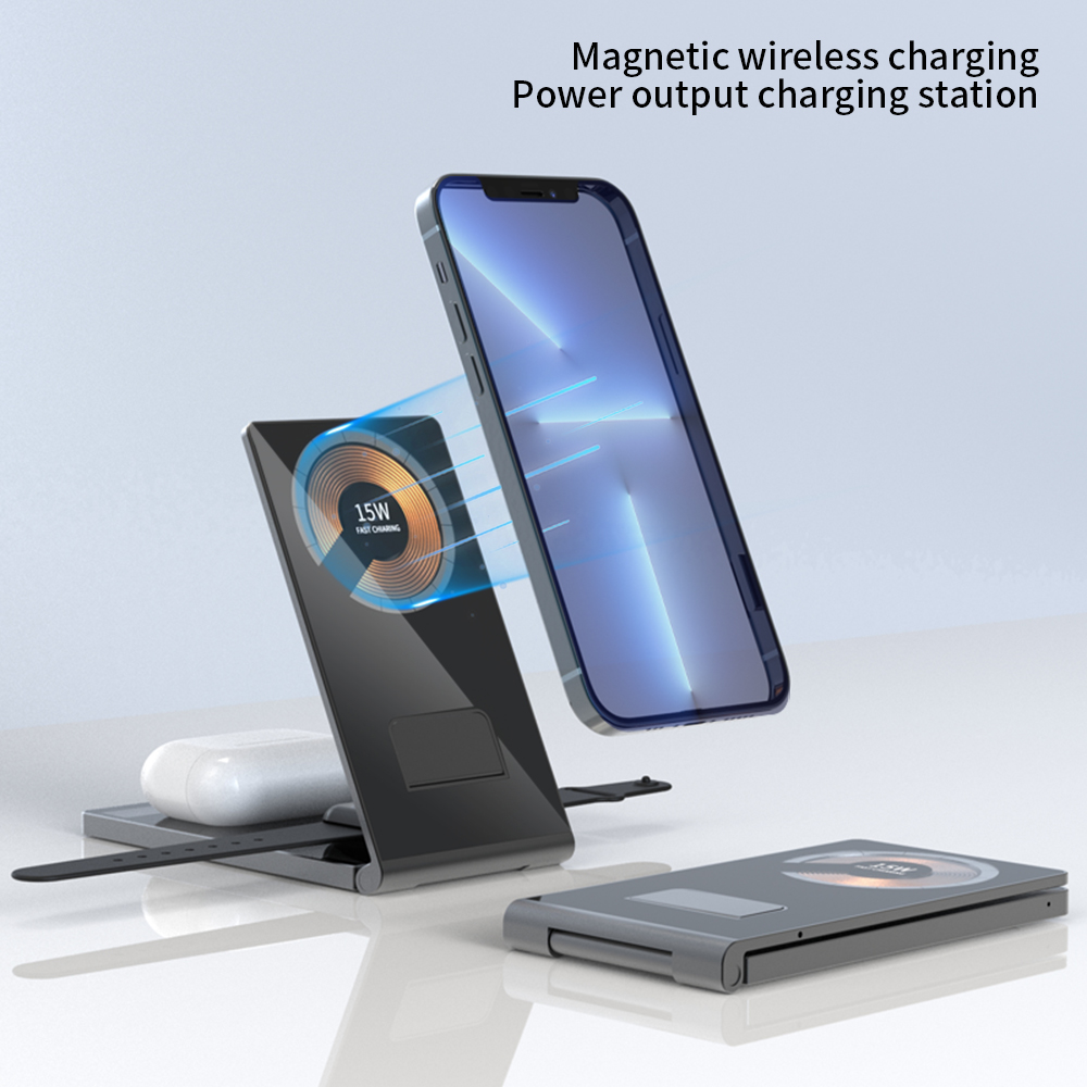 Магнитное 3 в 1 беспроводное зарядное устройство Magsafe Crystal Т05 15W Qi для iPhone 14, 13, 12 Pro Max и Airpods Pro