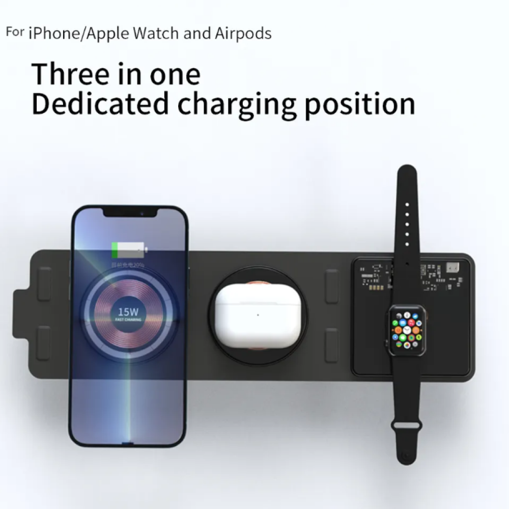 Беспроводная Зарядная Станция 3 в 1 Magsafe Crystal Т01 15W: быстрая зарядка 15W для iPhone, Apple Watch и наушников