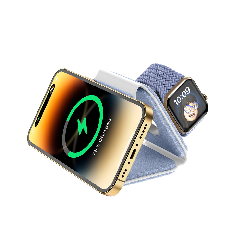 Магнитная складная беспроводная зарядка Magsafe W07 15W 3 в 1 для iPhone 14-12/Apple Watch/AirPods (Gray)