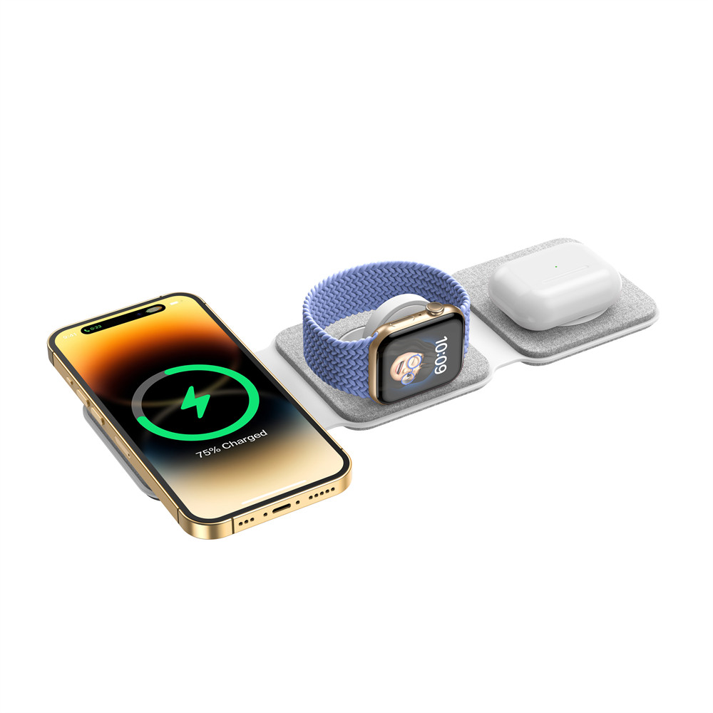Магнитная складная беспроводная зарядка Magsafe W07 15W 3 в 1 для iPhone 14-12/Apple Watch/AirPods (Gray)