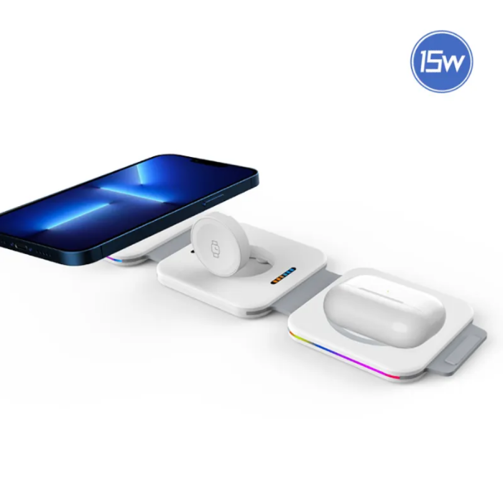 Беспроводная Зарядная Станция F21 3-в-1 с RGB подсветкой 15w для Iphone, apple watch, airpods