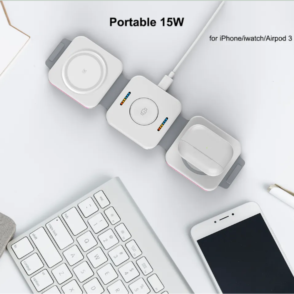 Беспроводная Зарядная Станция F21 3-в-1 с RGB подсветкой 15w для Iphone, apple watch, airpods