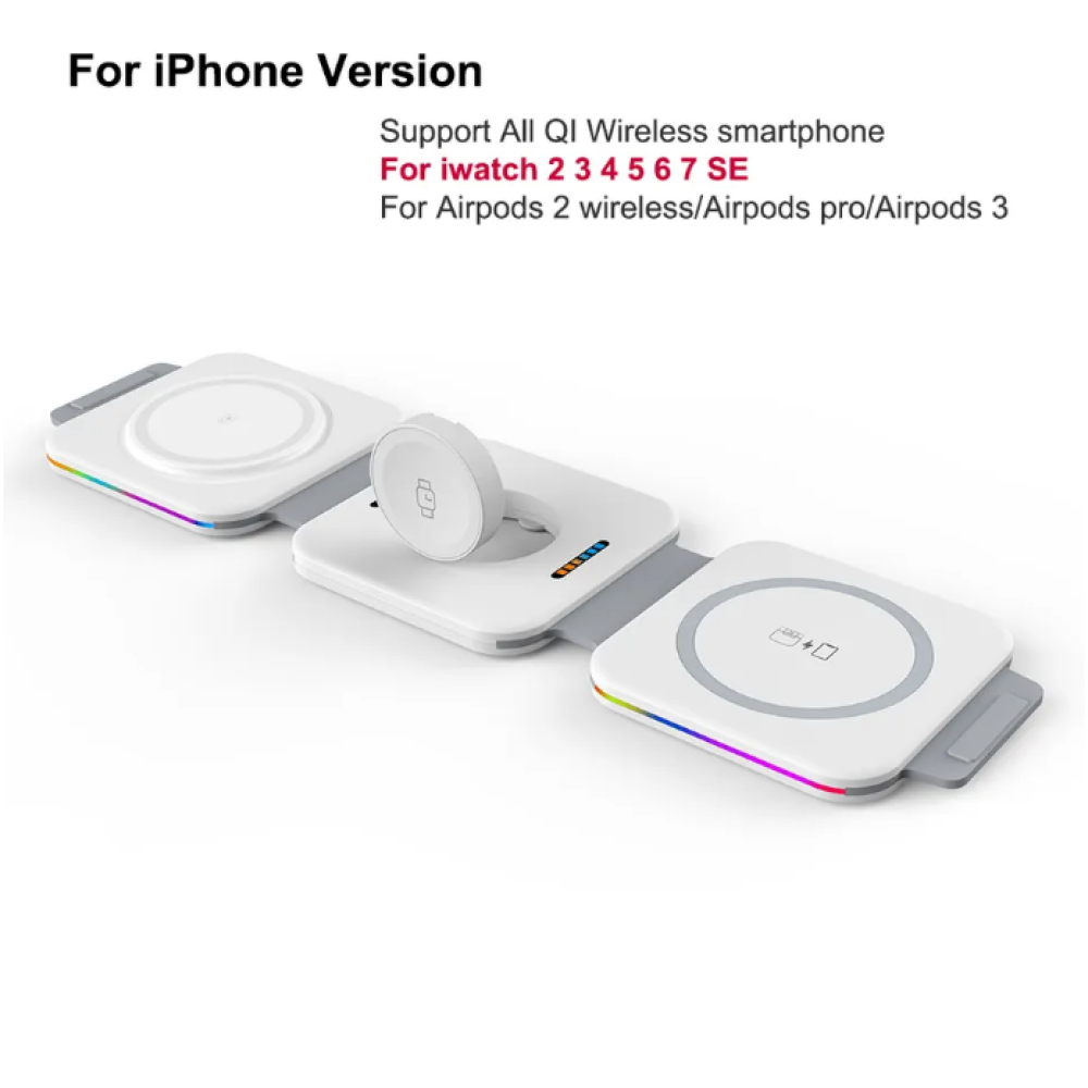 Беспроводная Зарядная Станция F21 3-в-1 с RGB подсветкой 15w для Iphone, apple watch, airpods