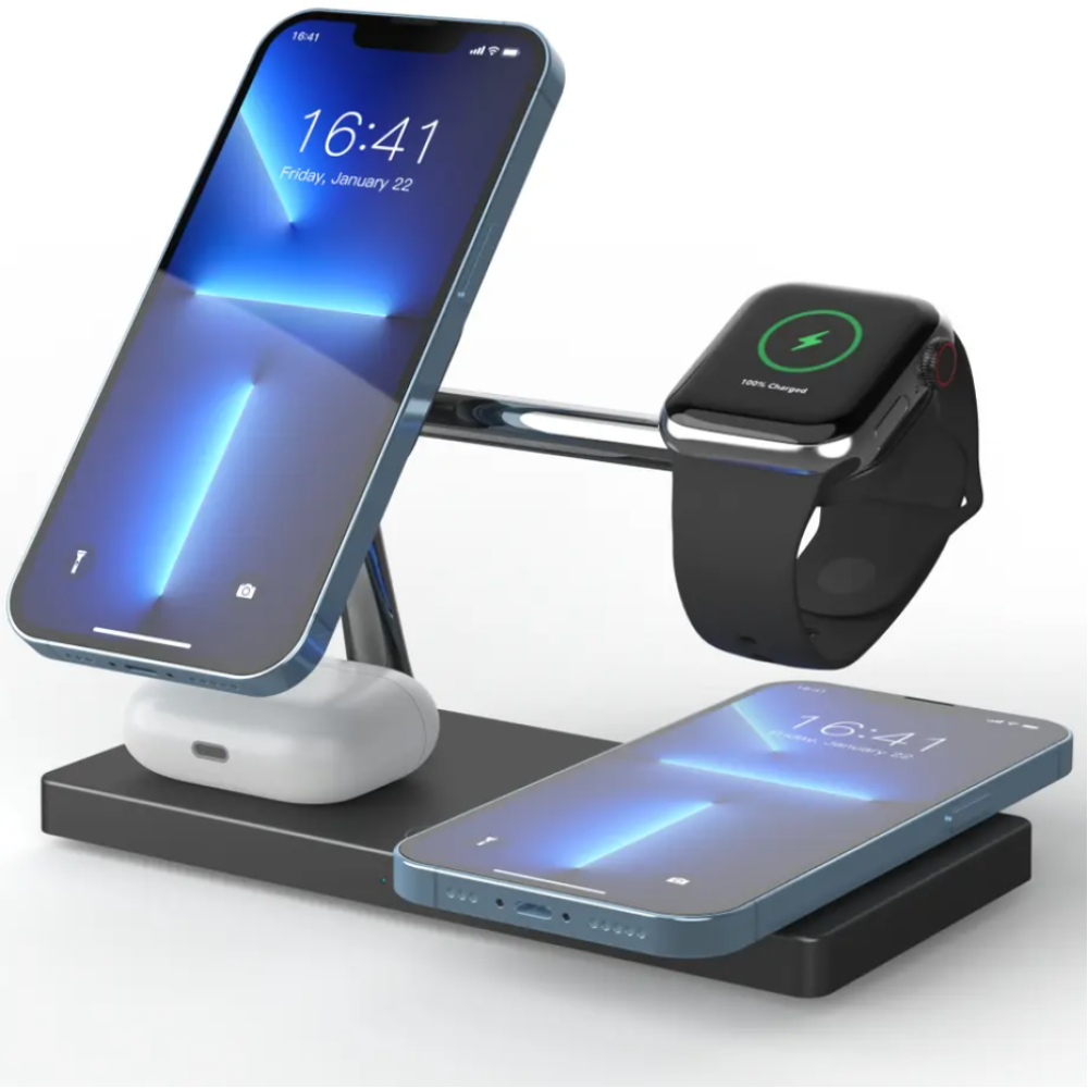 Док станция 4 в 1 для iPhone 12/15, iWatch 1-9, Samsung Watch 3-6 и наушников T218 35W черная