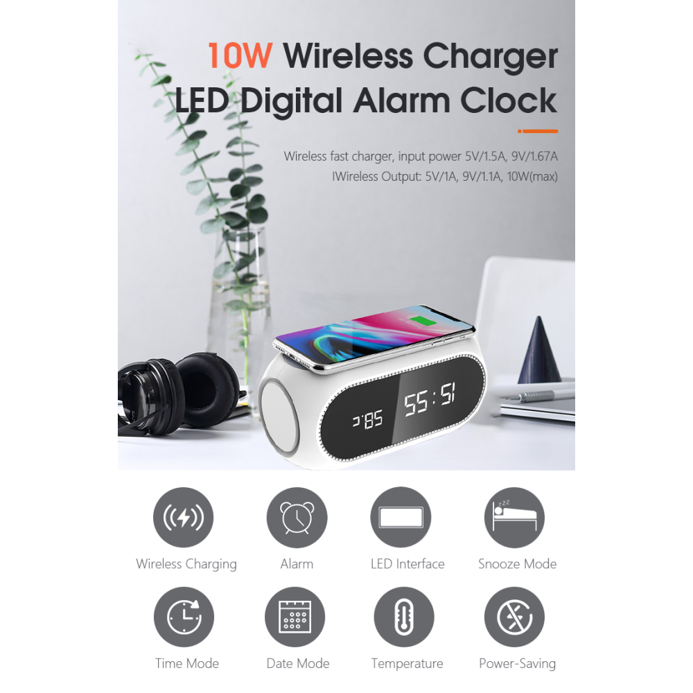 Беспроводная зарядка с LED Часами HiTech Wireless Charger 15W Qi W228 белая