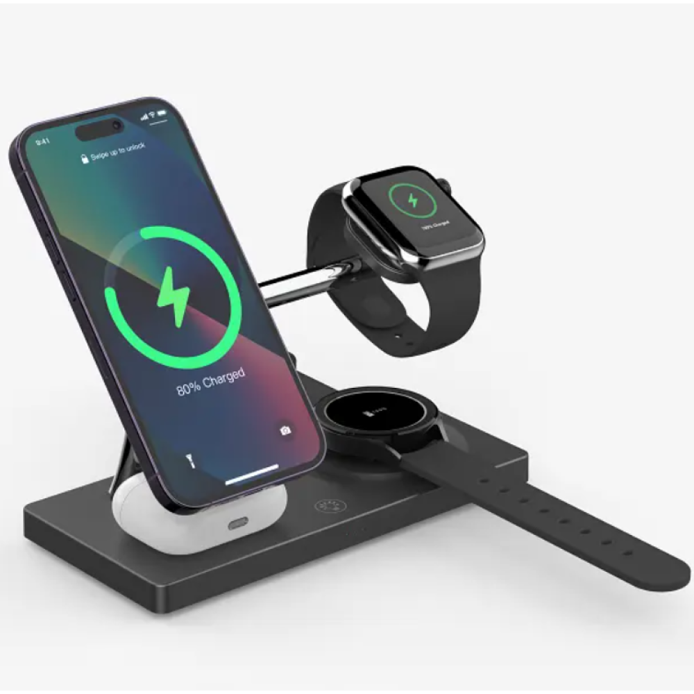 Док станция 4 в 1 для iPhone 12/15, iWatch 1-9, Samsung Watch 3-6 и наушников T218 35W черная