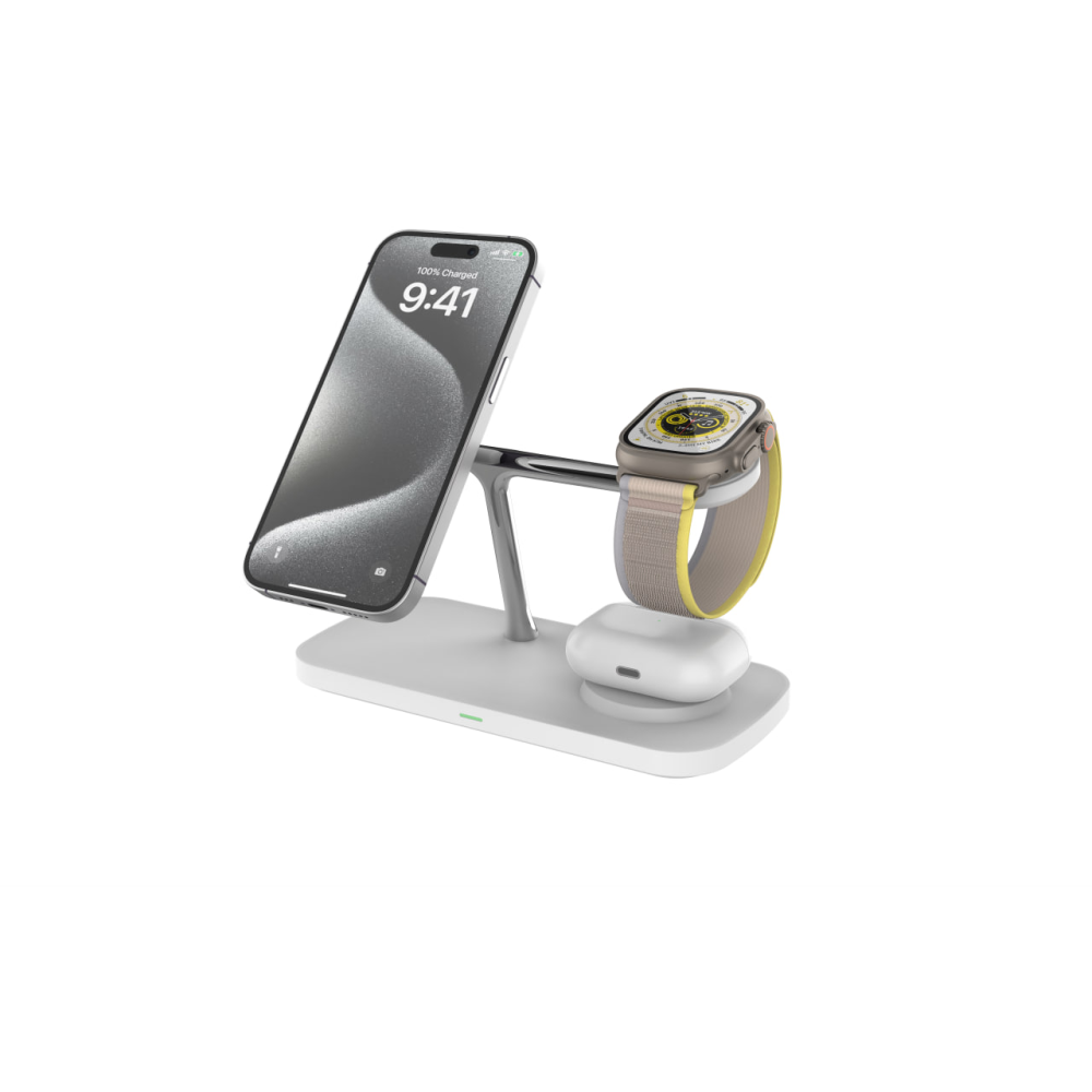 Док станция 3 в 1 QINETIQ Magsafe Qi2 T255 25W для Samsung/iPhone 12/15, AirPods,GalaxyBuds, AppleWatch, GalaxyWatch (Qi2 certificated) белая