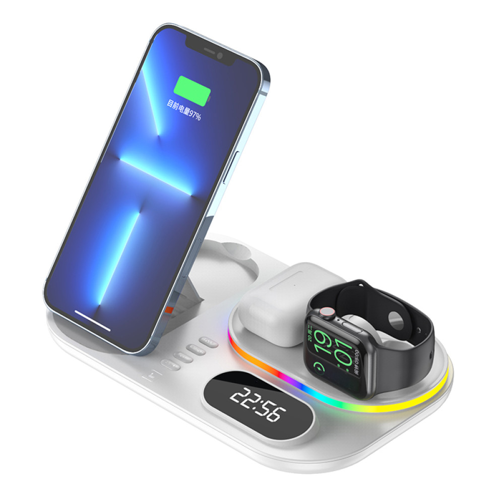 Беспроводная док-станция с часами 4in1 LED Clock RGB 30W для iPhone/AirPods/iWatch_1-9 series белая