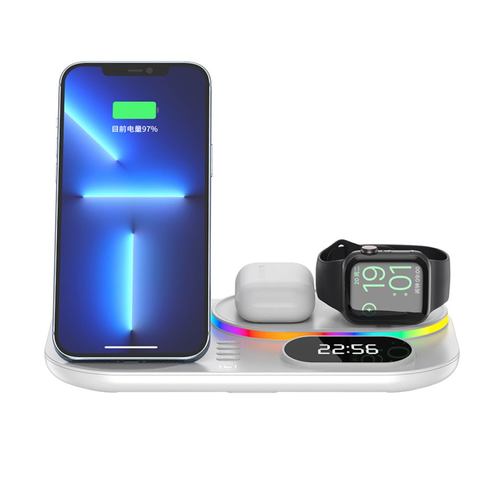 Беспроводная док-станция с часами 4in1 LED Clock RGB 30W для iPhone/AirPods/iWatch_1-9 series белая
