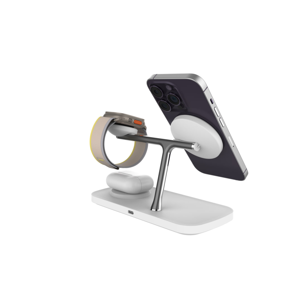 Док станция 3 в 1 QINETIQ Magsafe Qi2 T255 25W для Samsung/iPhone 12/15, AirPods,GalaxyBuds, AppleWatch, GalaxyWatch (Qi2 certificated) белая
