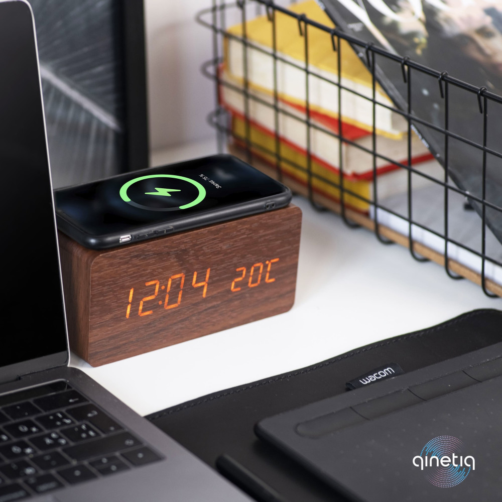 Беспроводная зарядка с LED-часами Wood-clock QINETIQ 1000 10W коричневая