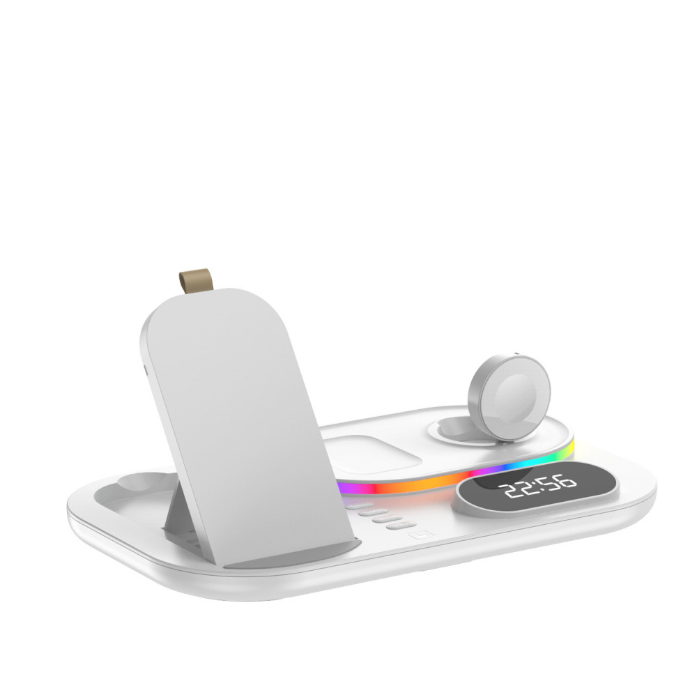 Беспроводная док-станция с часами 4in1 LED Clock RGB 30W для iPhone/AirPods/iWatch_1-9 series белая