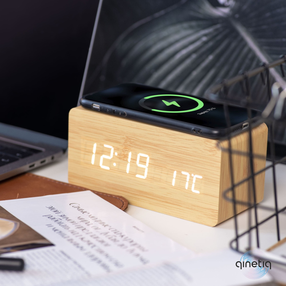 Беспроводная зарядка с LED-Часами Wood-clock QINETIQ 1000 10W светло-коричневый