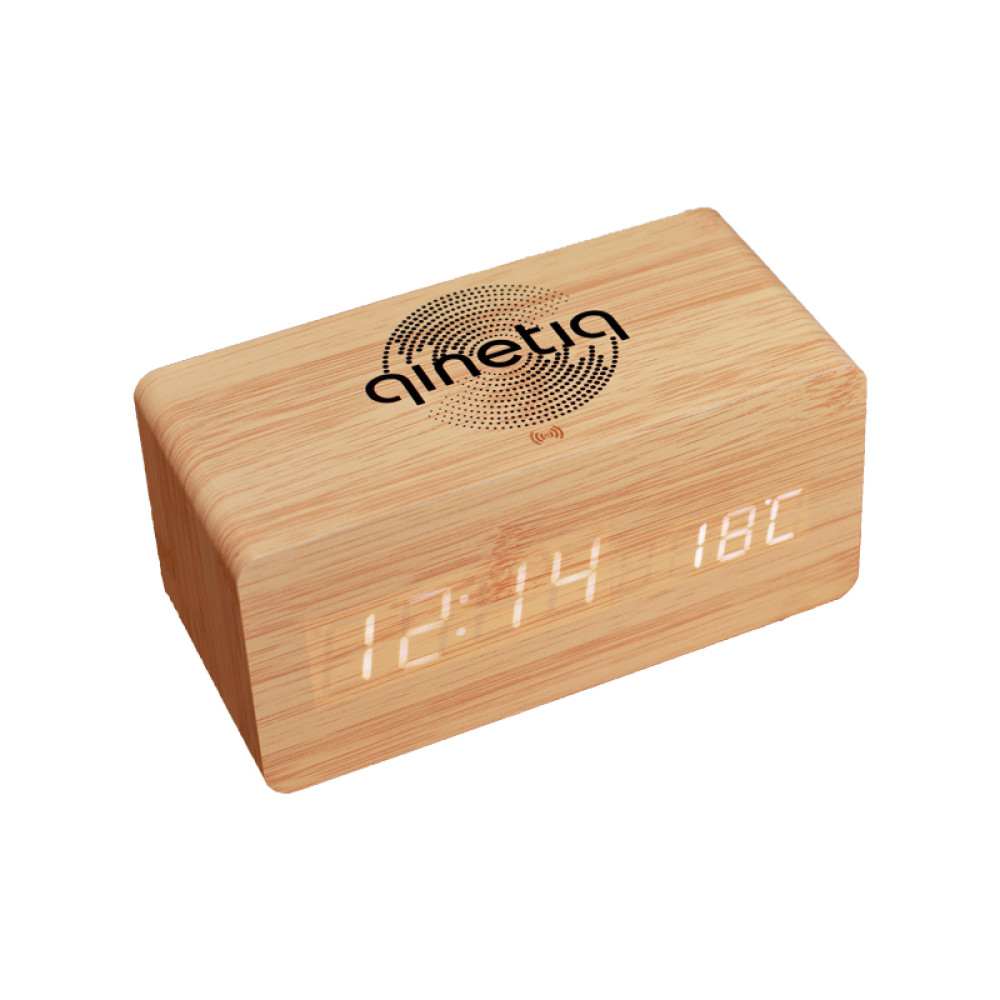 Беспроводная зарядка с LED-Часами Wood-clock QINETIQ 1000 10W светло-коричневый