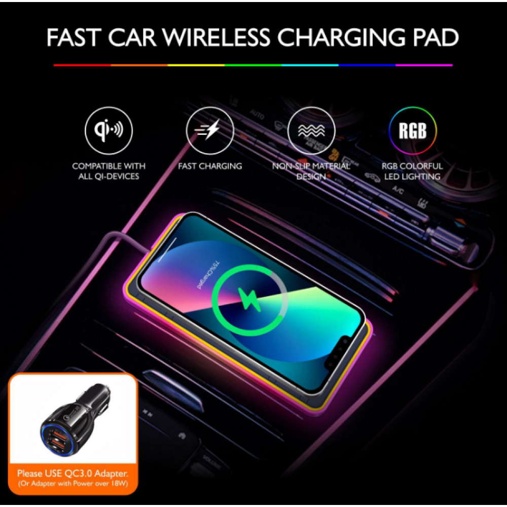 Автомобильный беспроводной зарядный коврик с RGB подсветкой QINETIQ A8 RGB 15W Car Wireless Pad&Airpods