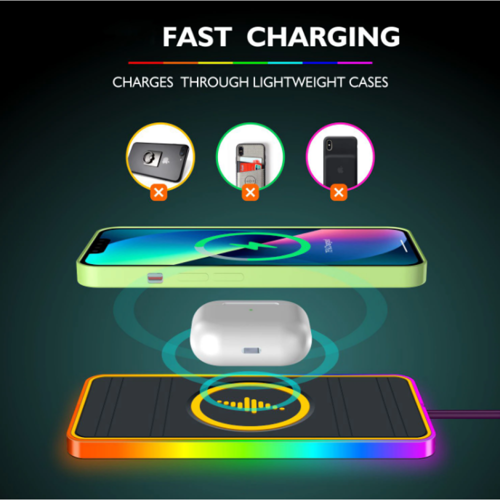 Автомобильный беспроводной зарядный коврик с RGB подсветкой QINETIQ A8 RGB 15W Car Wireless Pad&Airpods