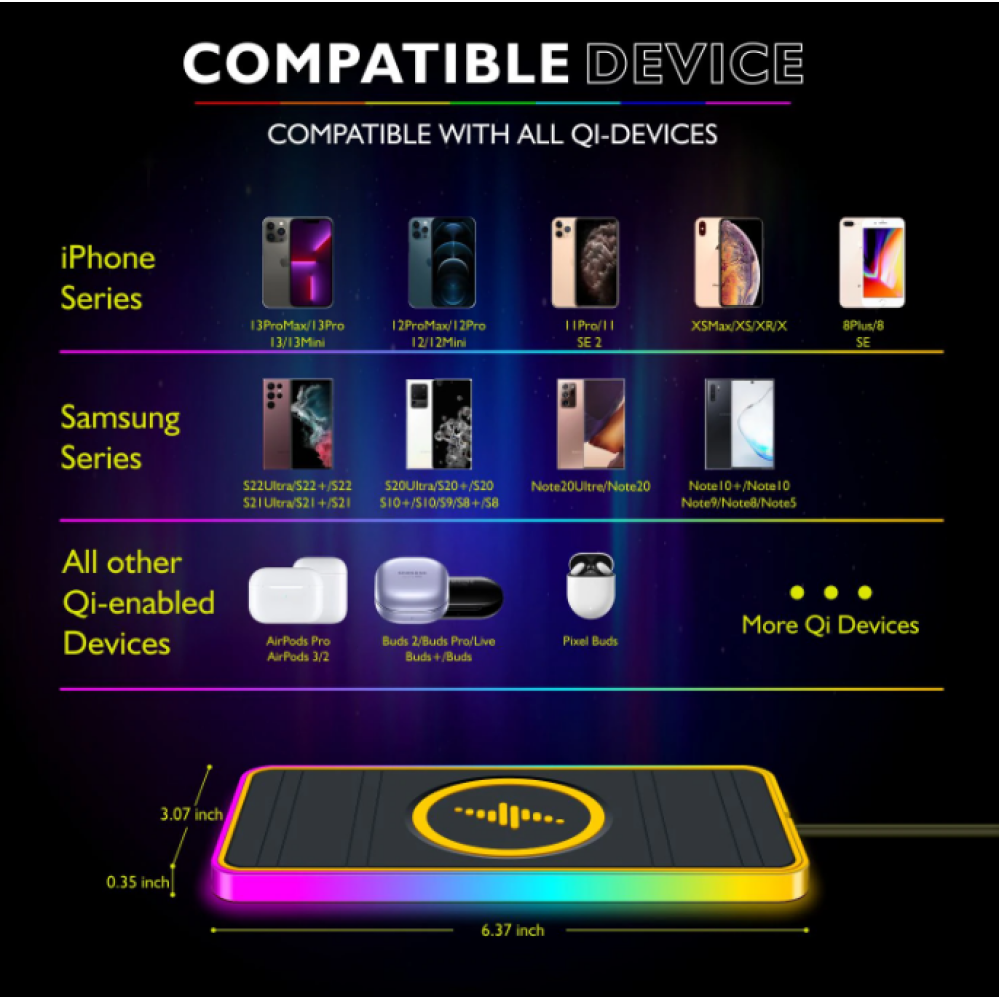 Автомобильный беспроводной зарядный коврик с RGB подсветкой QINETIQ A8 RGB 15W Car Wireless Pad&Airpods