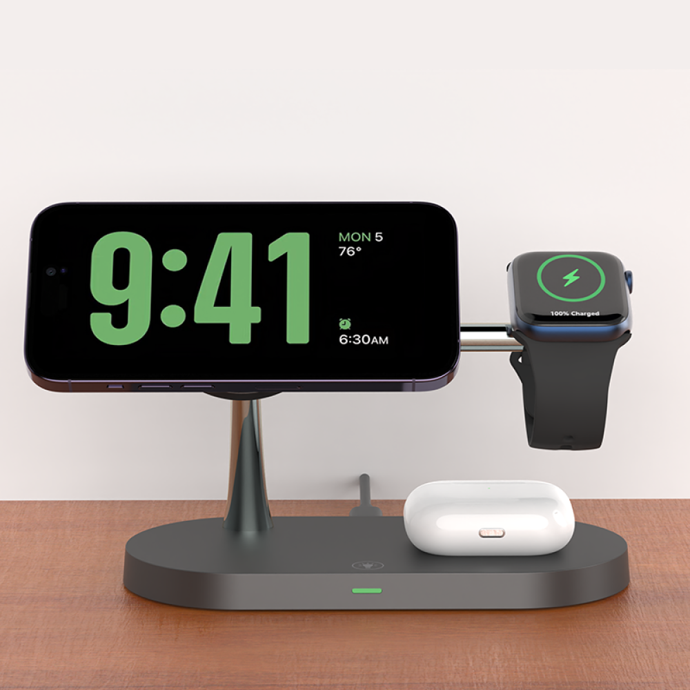 Док станция 3 в 1 QINETIQ Magsafe T268 33W для Apple iPhone 12/15, AirPods, iWatch (Qi certificated) черная